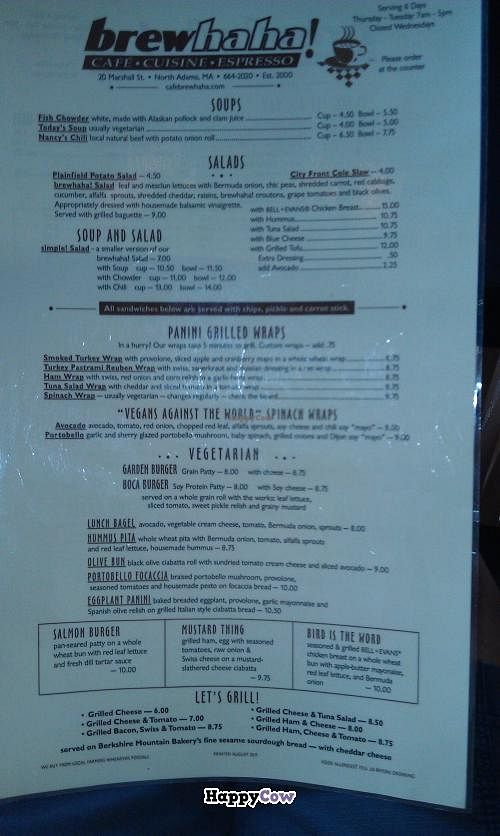 Lunch menu  at Brewhaha in North Adams