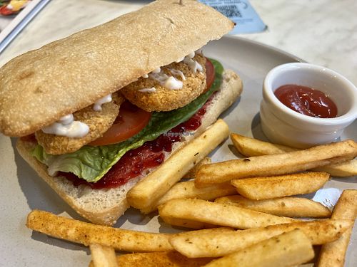 Try their Moroccan Vegan Chicken ciabatta sandwich. Comes with cranberry jam and vegan mayo.  Comes also with fries. Delicious!  at The Coffee Club - Victoria St in Auckland