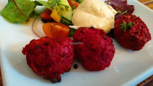 Beetroot falafels with tahini sauce at The Swan Inn in Skipton