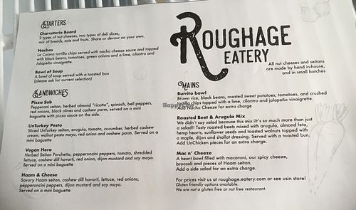 Menu- vegan comfort food. at Roughage Eatery in Winnipeg