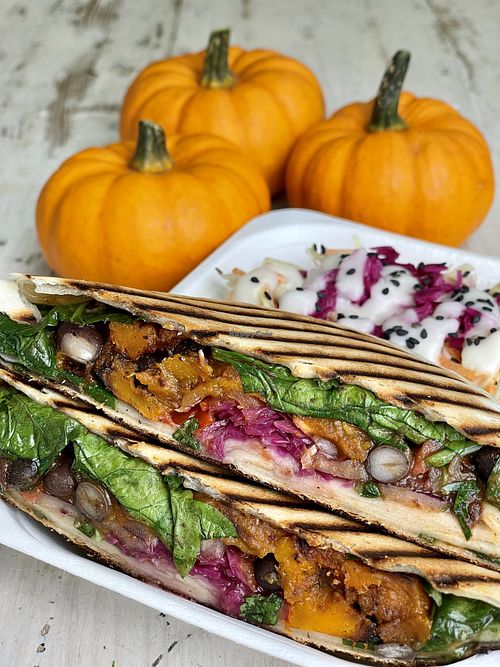 Roasted pumpkin and black bean wrap  at A Tribe Called Veg in Brighton