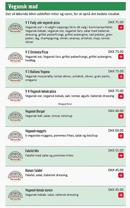 Their vegan section on the menu at Nørresundby Pizza in Aalborg
