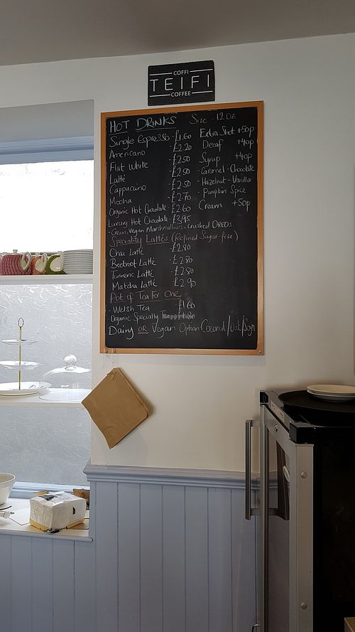 Hot drinks board at Dragonfly Bistro in Aberystwyth