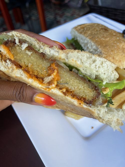Inside falafel burger. I added hot sauce   at Quero Arepa in Cartagena