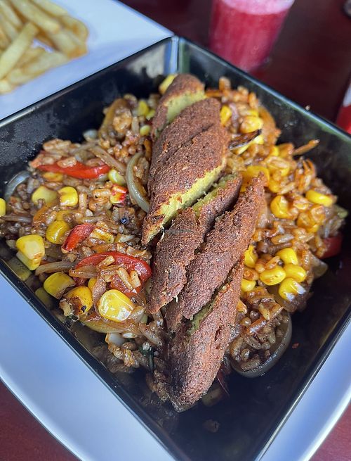 Thai Stir Fried Rice with veggies and falafel. Delicious !  at Quero Arepa in Cartagena