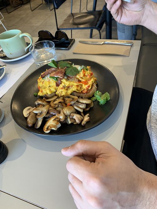 Green chilli scrambled eggs with added mushrooms on the side  at Main Street Cafe in Warragul