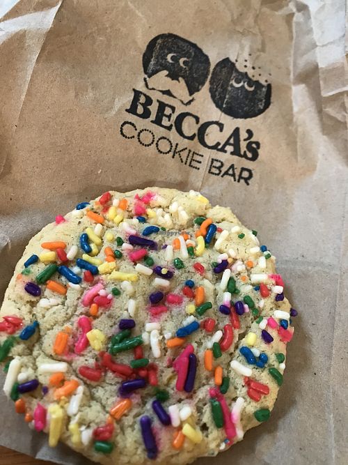 Vegan sugar cookie with rainbow sprinkles  at Becca's Cookie Bar in Avon By The Sea