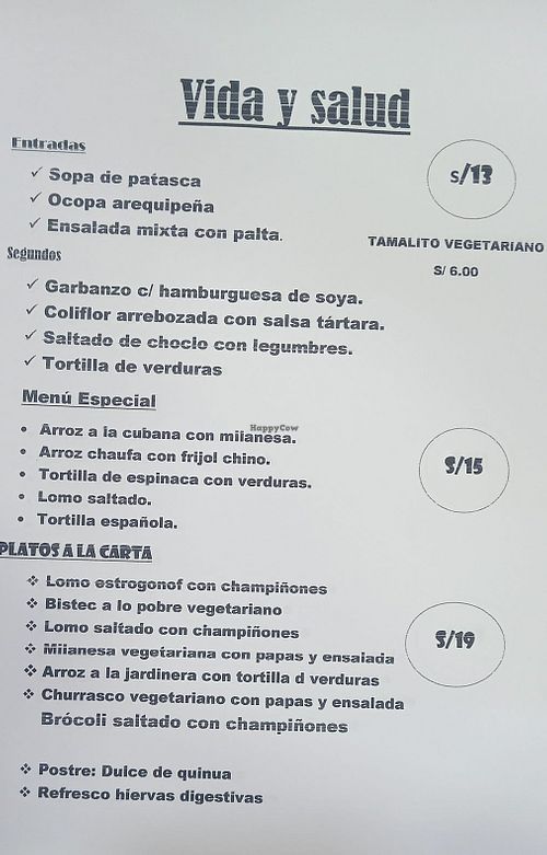 Menu of the day in April 2024 at Vida y Salud in Lima