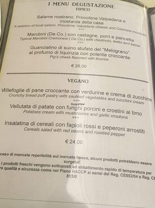 Vegan menu  at Osteria Del Melograno in Cremona