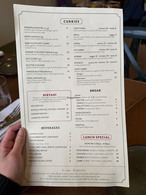 Menu  at Dosa Royale in Brooklyn