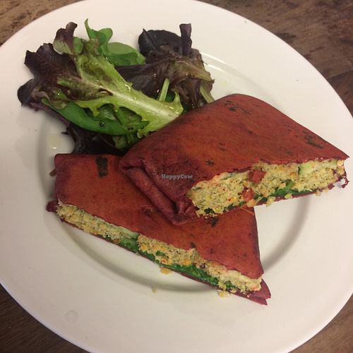 Falafel, Sunblushed Tomatoes, Hummus on a Beetroot Wrap at Chapter One Coffee Shop in Edinburgh