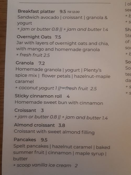 Menu at Plenty in The Hague