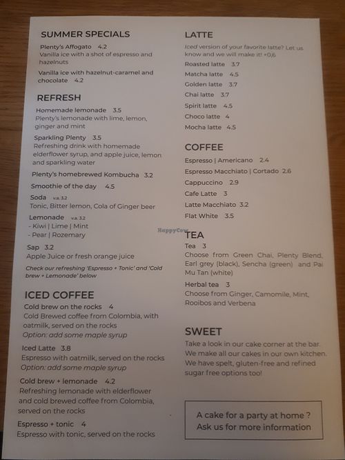 Menu at Plenty in The Hague
