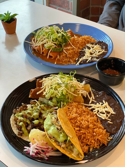 The combo plate - potato taquitos & 2 kinds of tacos with rice n beans, and the enchilada plate at Conrad's Mexican Grill in San Pedro