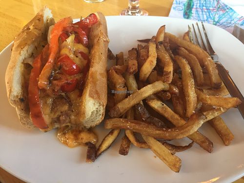 Beyond Meat sausage sub with peppers onions and vegan cheese at Dewey Beer Co in Dewey Beach