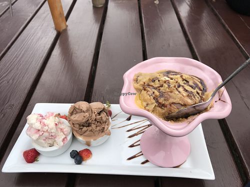 Warm cookie dough and two ice cream from a choice -- mmm delish! at Ice N Cold in Brean