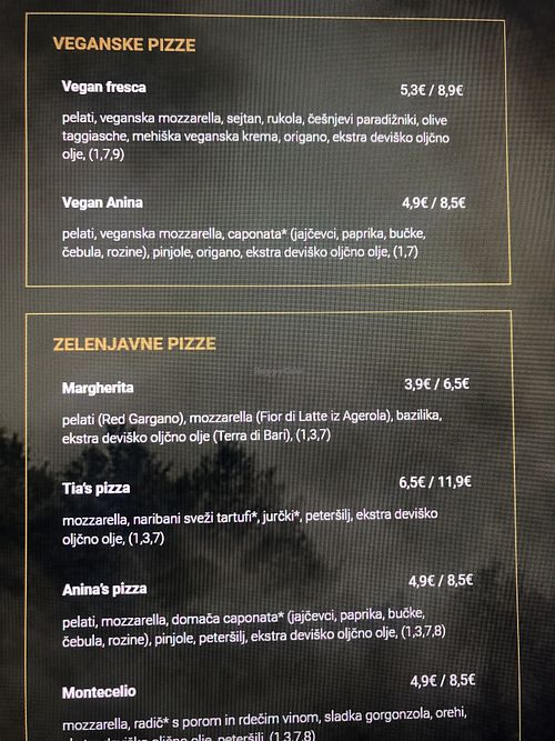 two vegan pizzas on the menu at Tia's Pizza in Ljubljana