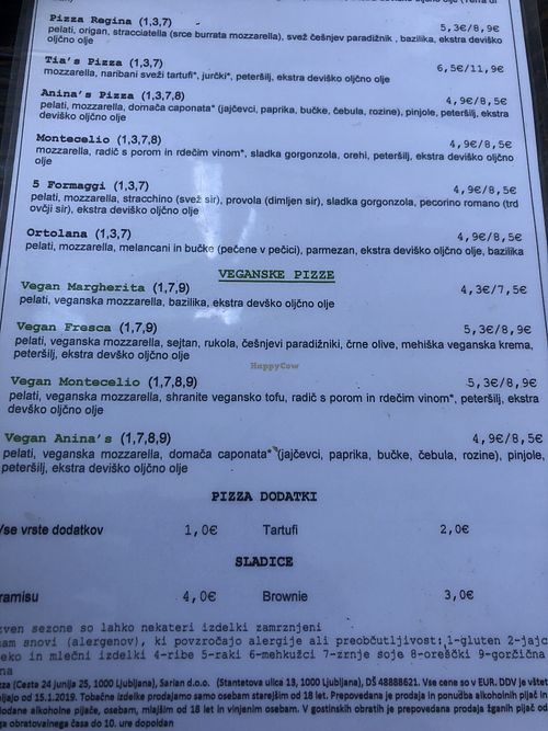 menu at Tia's Pizza in Ljubljana