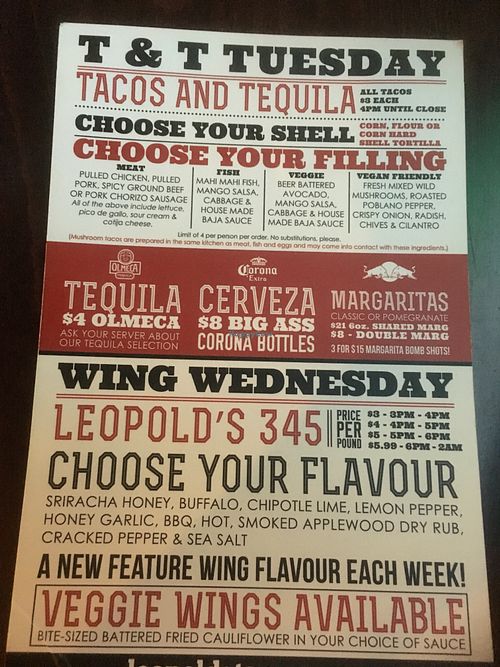 Vegan tacos and wings at Leopold's Tavern in Winnipeg