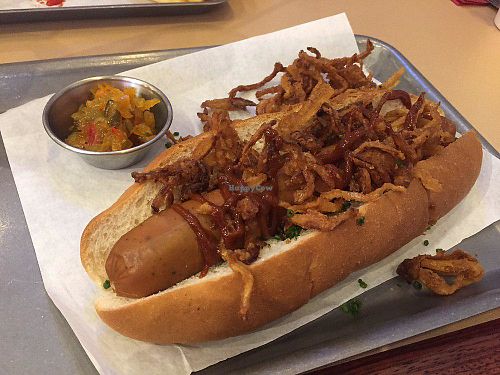 Vegan Hotdog with Onions at Bath St. Burger in Glasgow