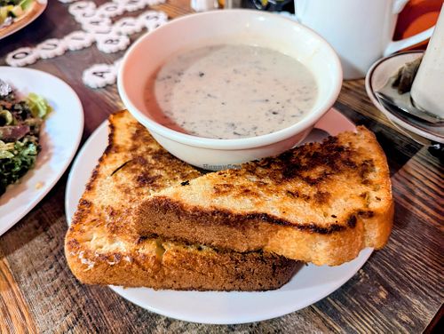 Bowl of Cream of Mushroom Soup with Housemade Bread at High Note Cafe in Boise