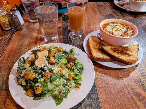 Caesar Salad, Spicy Chickpea Stew, and Hot Apple Cider at High Note Cafe in Boise