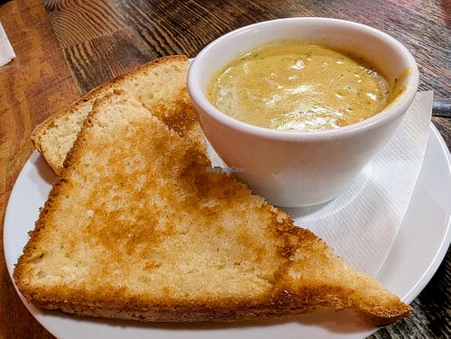 Cup of Cheddar Veggie Soup with Grilled Housemade Bread at High Note Cafe in Boise