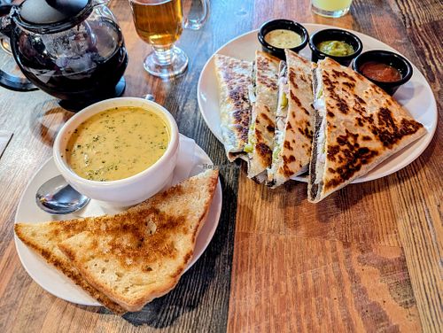 Cup of Cheddar Veggie Soup, Black Bean Quesadilla, Orange Pu-erh Tea at High Note Cafe in Boise