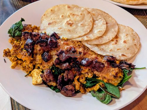 Scramble, sans onions, with corn tortillas at High Note Cafe in Boise