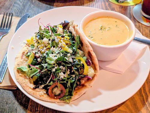 Veggie Pita with Cheddar Veggie Soup at High Note Cafe in Boise
