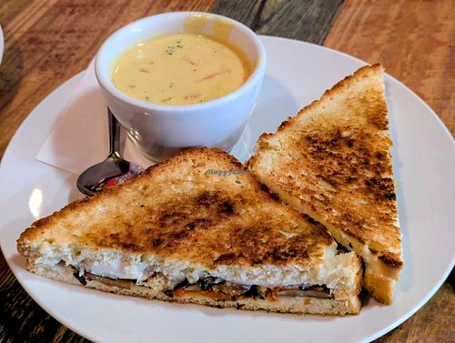 Mushroom Grilled Cheese & Cup of Cheddar Veggie Soup at High Note Cafe in Boise