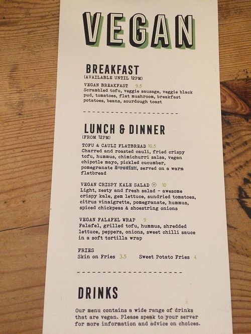 Vegan menu at Home Sweet Home in Manchester