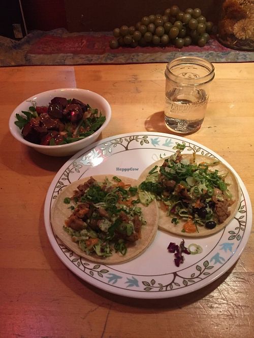 Tasty jackfruit tacos, with a side arugula and beet salad at Good Karma Artisan Ales & Cafe in San Jose