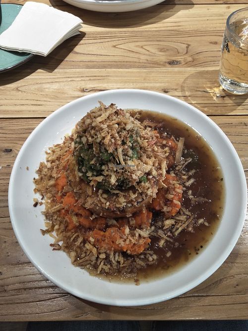 Full monty pie meal (minus cheese) vegan cheese & onion pie, sweet potato mash, onion gravy, minted mushy peas and crispy onions. at Pie Society - Jing'an District - Maybe closed in Shanghai