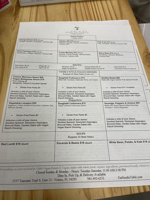 Menu at Seed to Table Vegan Eatery in Venice
