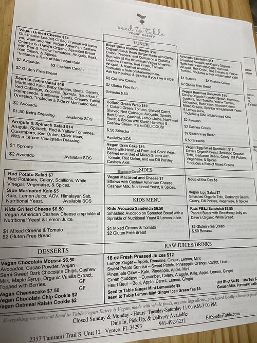 Menu at Seed to Table Vegan Eatery in Venice