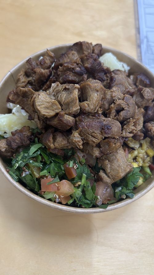 3 salads + protein. Delicious. Mexican quinoa corn salad, potato salad and a tabouleh with “lamb” steak as proteinn  at Kevabs in Brunswick