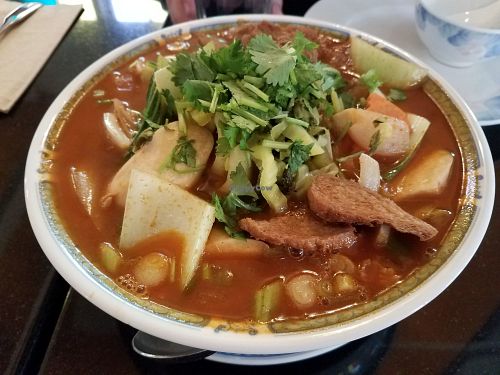 Huge formosa soup for two. Delicious at Vegetarian House in San Jose