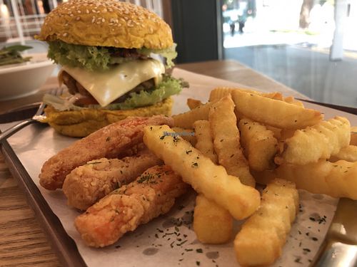 Turmeric burger /home made patty/sweet potatoe/ French fries  at Green Ba - Somerset in Central Singapore