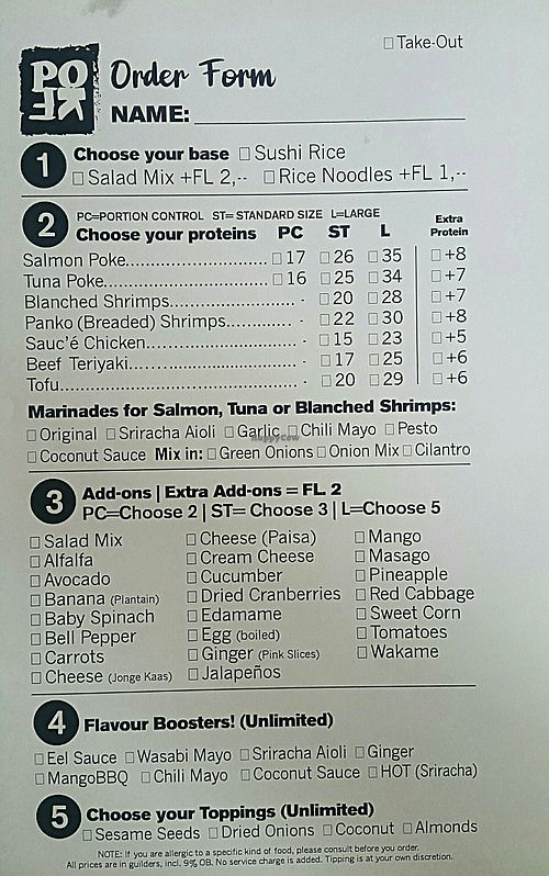 Order form at Poke Food Station in Willemstad