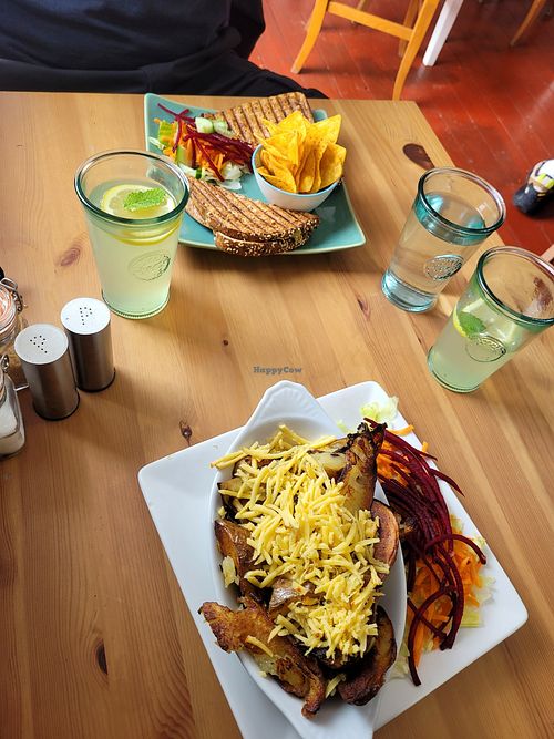 "Cheese and "Ham" toastie & double cooked potato wedges at Catchacarrot Vegan in Ardfern