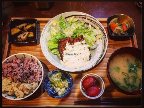 Lunch vegan chicken cutlet set with pickles, 2 kinds of rice, tartar sauce at Mumokuteki Vegan Cafe in Kyoto