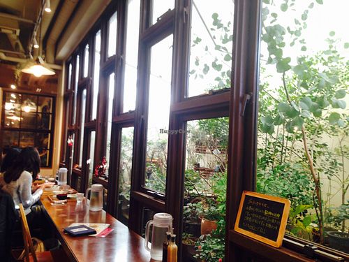 really nice, bright garden view seating. at Mumokuteki Vegan Cafe in Kyoto