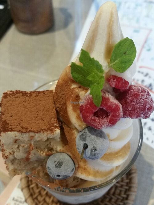 tiramisu with soft serve at Mumokuteki Vegan Cafe in Kyoto