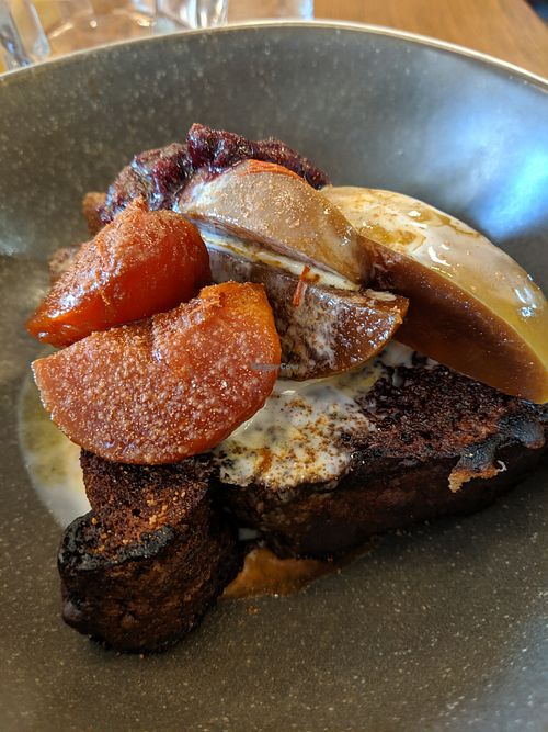 Toasted banana bread with poached fruit at Kiss My Grass in South West London