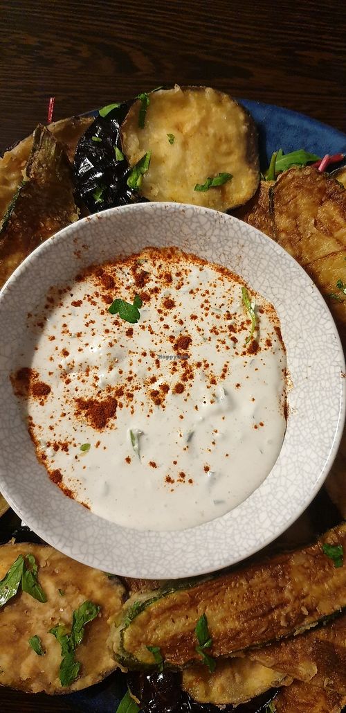 Breaded fried eggplant and zucchini with dip at Euro Kitchen in Fitzroy