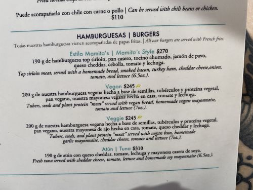 Vegan burger listed on the menu at Mamita's Beach Club in Playa Del Carmen