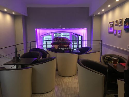 Eating area upstairs at Vegan Kiraly in Budapest