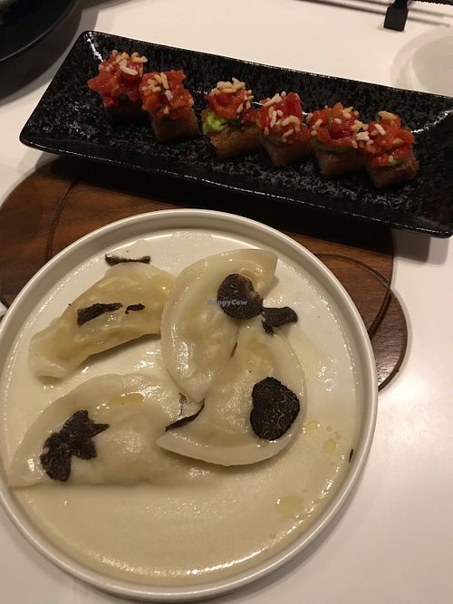 Potatoe dumplings and crispy rice at PLANTA Queen in Toronto