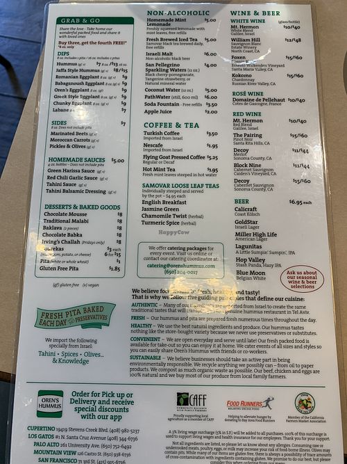 Menu at Oren's Hummus in San Francisco